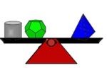 En vekt der på venstresiden står et sylinder og en dedokaeder og på høyresiden står en pyramide.